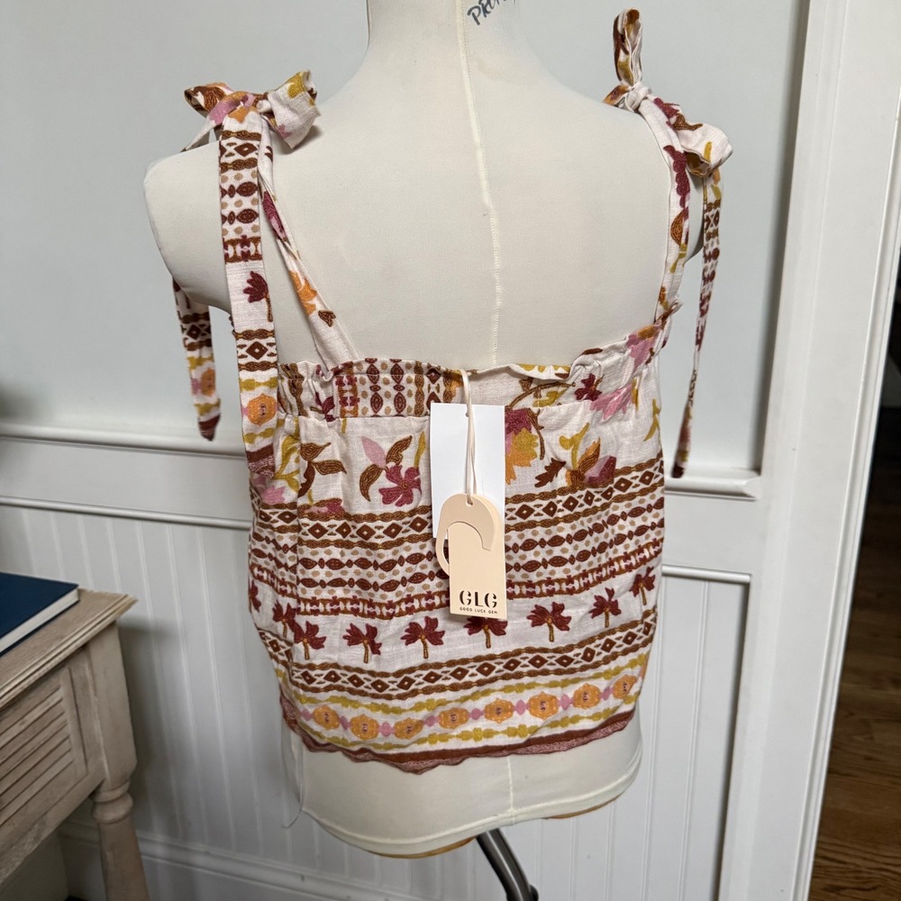 Good Luck Gem 2 Piece Set Floral Print Tank Wide Leg Pants Women's M Linen Blend - Picture 4 of 10